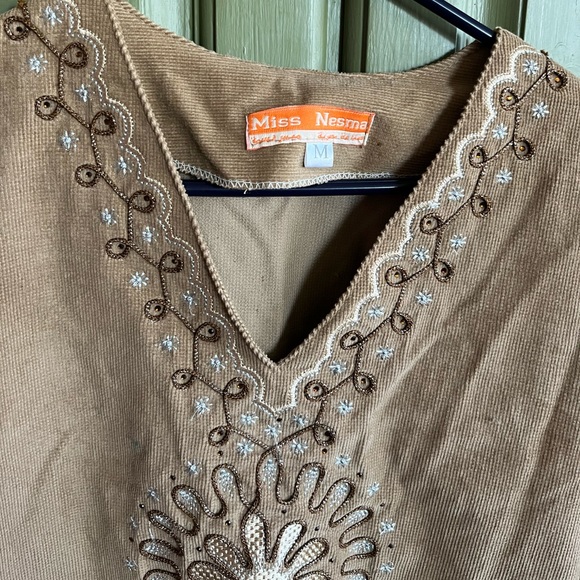 Unique Vintage Ethnic Indian Corduroy Embroidered Tunic Dress - Picture 2 of 6